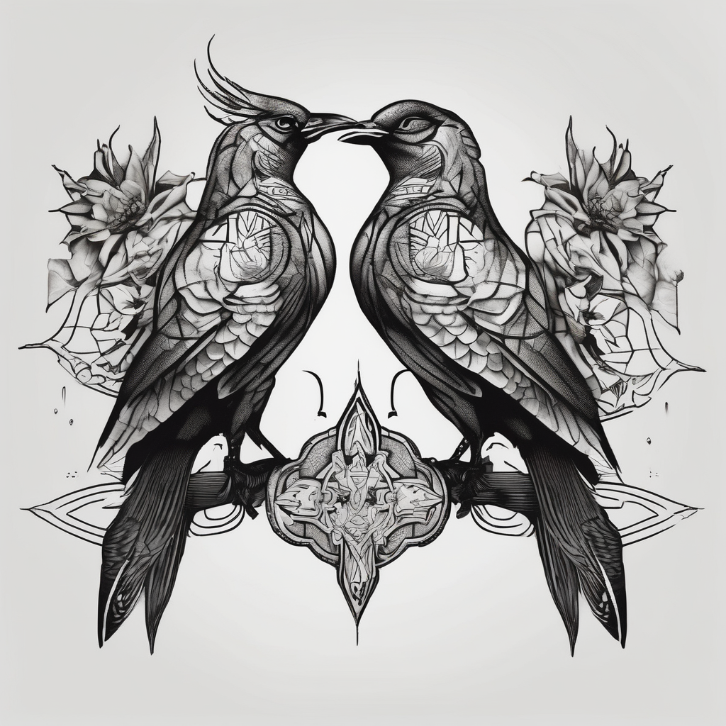 two birds sitting, stars and infinity theme couples tattoo glitter tattoo, diseño de tatuaje Blackwork generado con IA